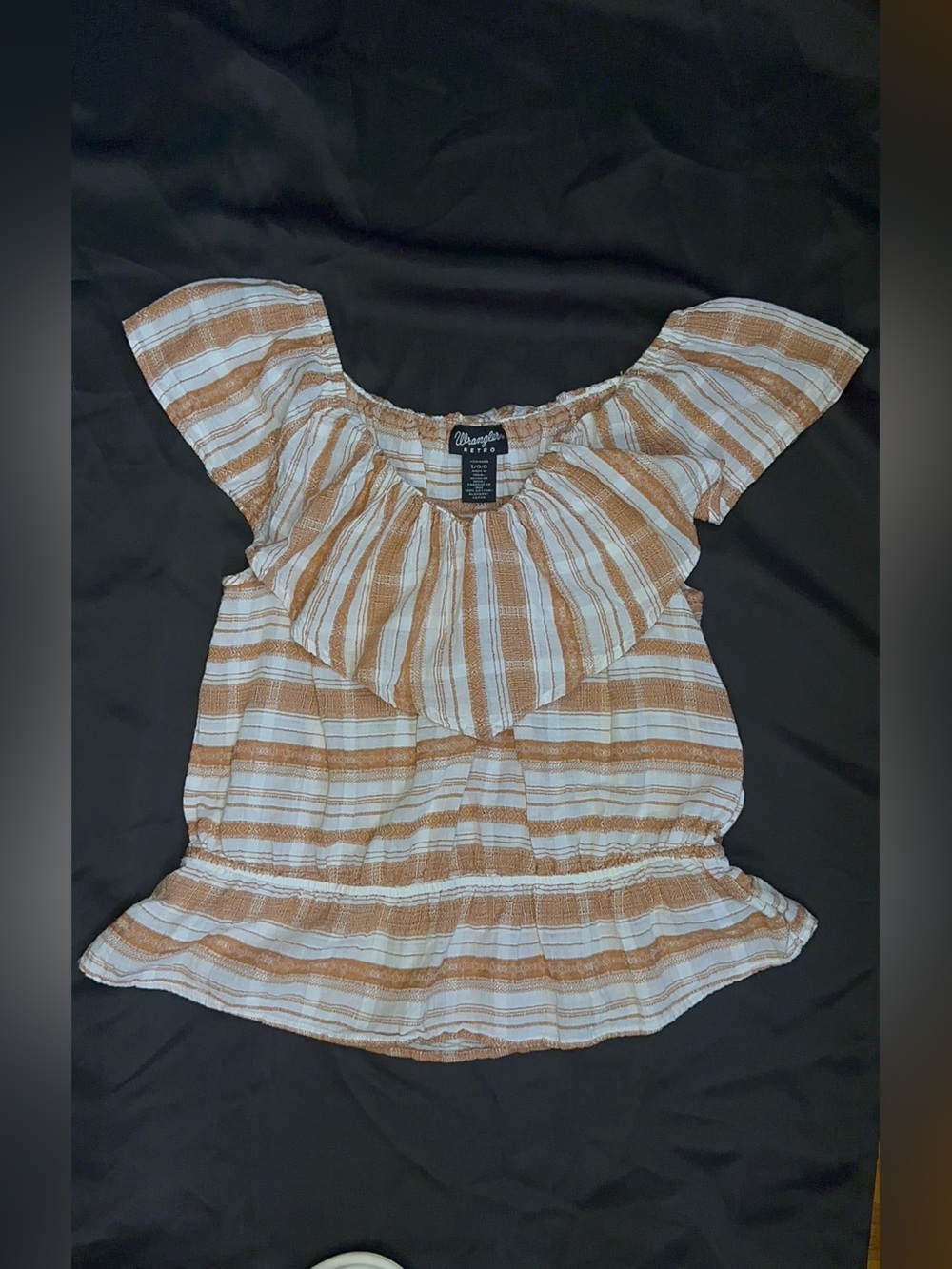 Wrangler Retro Off Shoulder Blouse Women’s Large Tan White Striped Cotton linen - Picture 3 of 7